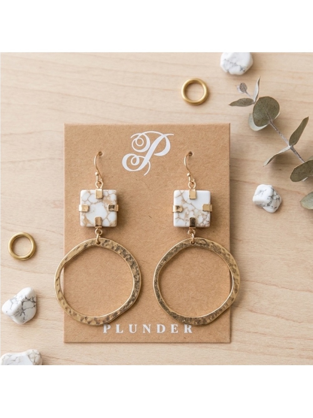 Plunder Gold Hoop Earrings with White Marble Accent
